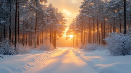 The sun rises over a snowy path that winds through a forest of tall pine trees. Soft light filters through the branches, creating a peaceful atmosphere.