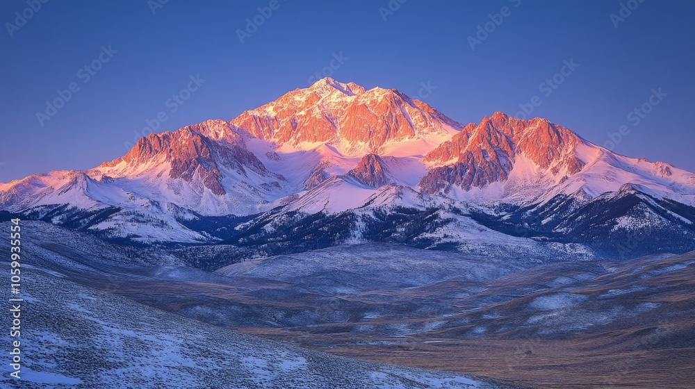 Aufkleber a breathtaking view of a snow-covered mountain range bathed in warm sunset light, highlighting the r