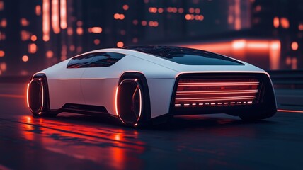 Naklejka premium A futuristic, sleek white car with glowing red lights, set against a cityscape, showcasing modern design and technology.
