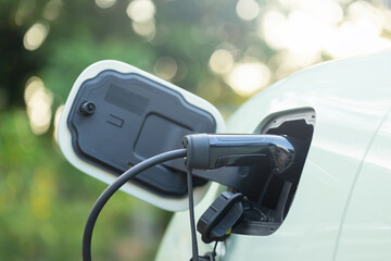 Electric vehicle charger is plugged into the charging port, symbolizing the shift towards clean and...