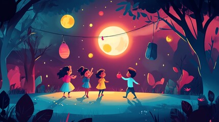 Obraz premium Children playing joyfully under a bright moonlit sky, surrounded by colorful lanterns and trees.