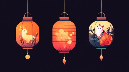 Obraz premium Colorful decorative lanterns featuring animal motifs on a dark background.