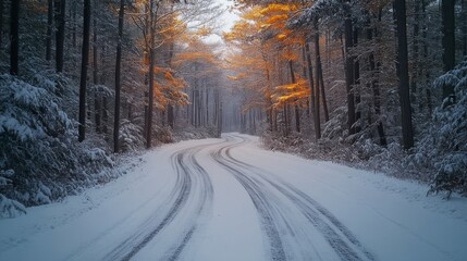 Obraz premium A peaceful winter landscape features a winding road blanketed in fresh snow, flanked by tall trees adorned with bright golden leaves.
