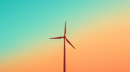 Obraz premium A vibrant wind turbine silhouetted against a colorful gradient sky, symbolizing renewable energy and sustainable future.