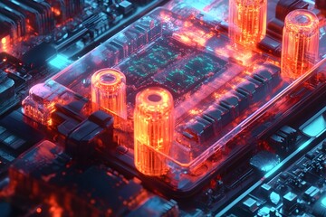 Obraz premium Hyper detailed CG of an Intelligent Biotech Device with Intricate Organic Microchips Luminescent Cellular Displays and Transparent Biomechanical