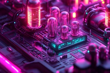 Hyper detailed CG of an intelligent biotech device with intricate organic microchips luminescent cellular displays and a transparent biomechanical