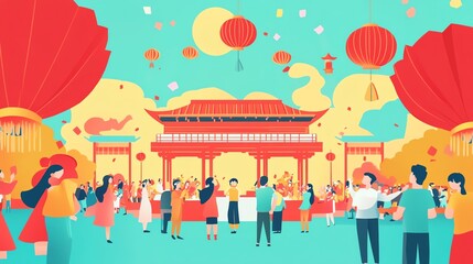 Obraz premium Festive celebration scene with people enjoying traditional lantern festival activities in vibrant colors.