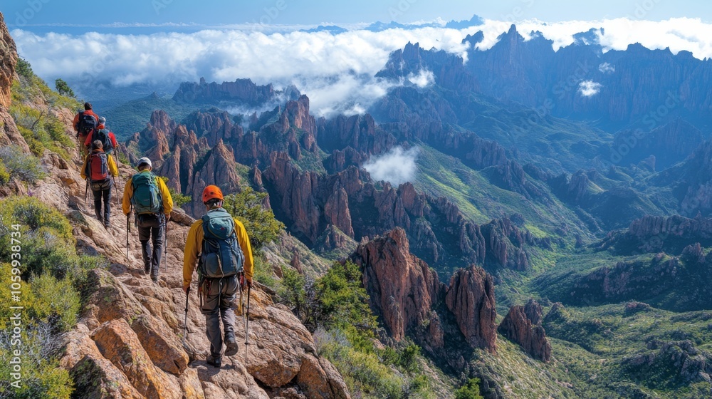 Poster groups of hikers navigate rocky terrain surrounded by breathtaking mountain formations and clouds on