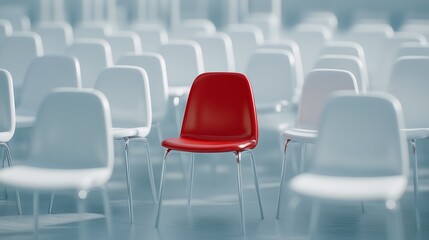 Obraz premium A Red Chair Among White Chairs, Modern Red Chair Standing Out of White Chairs, Confident Leadership Stand Out Concept, Thinking Differently