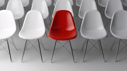 Fototapeta premium A Red Chair Among White Chairs, Modern Red Chair Standing Out of White Chairs, Confident Leadership Stand Out Concept, Thinking Differently