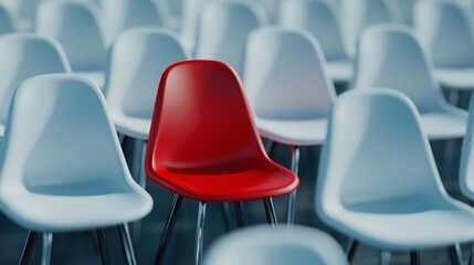 Obraz premium A Red Chair Among White Chairs, Modern Red Chair Standing Out of White Chairs, Confident Leadership Stand Out Concept, Thinking Differently