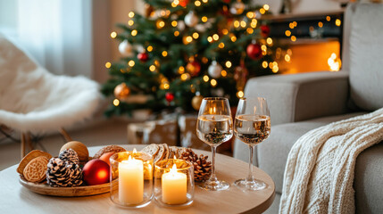 A cozy holiday scene featuring a Christmas tree, candles, glasses, and festive decorations, exuding warmth and celebration.