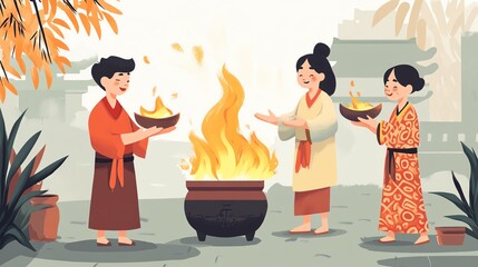 Three individuals engaged in a traditional festivity around a fire in a cultural setting.