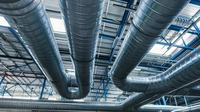 An overhead view of metallic ductwork in a modern industrial facility showcases large ventilation pipes against blue steel beams, highlighting HVAC systems in commercial spaces.