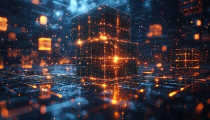 Fototapeta premium Illuminated Gridded Cube in a Digital Landscape