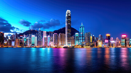 Fototapeta premium bustling cityscape at night with illuminated skyscrapers and reflections on water, showcasing vibrant lights and lively atmosphere