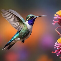 Fototapeta premium A colorful hummingbird with green, blue, and purple feathers