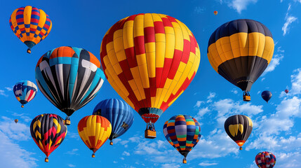Fototapeta premium Colorful hot air balloons fill sky at vibrant festival, showcasing various patterns and colors against bright blue backdrop