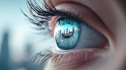 A futuristic cityscape reflected in a metallic eye, hinting at the integration of technology into everyday life and its potential impact on society.