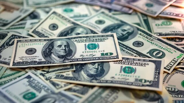 A close-up of scattered U.S. hundred dollar bills reveals intricate details, vibrant hues, and Benjamin Franklin's portrait, symbolizing wealth and finance. Ideal for business contexts.