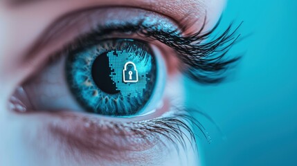 A close up of an eye with a digital lock superimposed over the pupil, representing the importance of cybersecurity and data protection in the digital age.