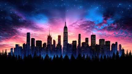 Fototapeta premium dramatic city skyline at sunrise, featuring tall buildings silhouetted against vibrant sky filled with pink, purple, and blue hues. scene evokes sense of wonder and tranquility