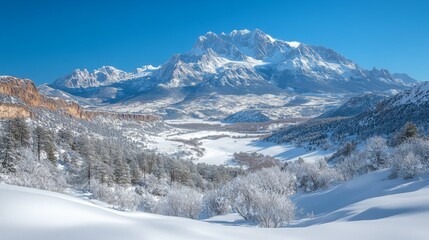 A breathtaking view showcases snow-draped mountains and a quiet valley surrounded by coniferous trees on a clear winter day, evoking tranquility and natural beauty.