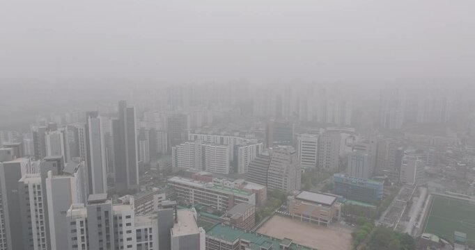 Aerial View of Apartment Complex in Gwangmyeong, South Korea Covered in Heavy Smog
