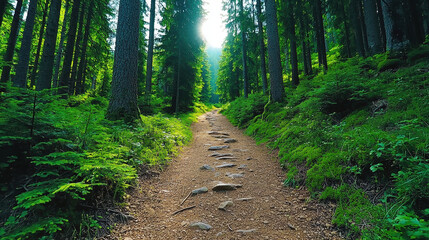 serene forest path with sunlight filtering through tall trees, surrounded by lush greenery and rocky terrain, inviting exploration and tranquility