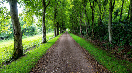 Fototapeta premium serene forest path lined with lush green trees, sunlight filtering through leaves, creating peaceful atmosphere. Perfect for tranquil walk or nature escape