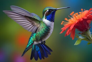 Fototapeta premium A colorful hummingbird with a vibrant green, blue, and red hovering near red flower