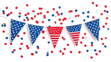 Obraz premium 4th of July bunting flags and confetti in patriotic colors isolated on white background