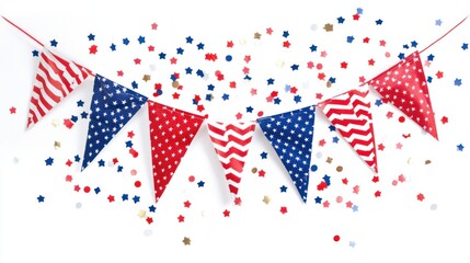 Obraz premium 4th of July bunting flags and confetti in patriotic colors isolated on white background