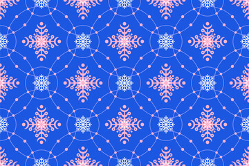 Seamless pattern with cute snowflakes in circles on blue background. Vector illustration in flat style for Christmas design, wallpaper, banner, textile, wrapping paper.