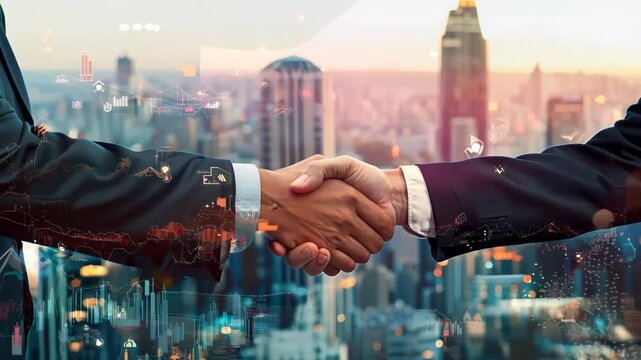 A dynamic two professionals shaking hands atop a skyscraper, symbolizing partnership. A blurred cityscape and digital graphs highlight innovation in business.