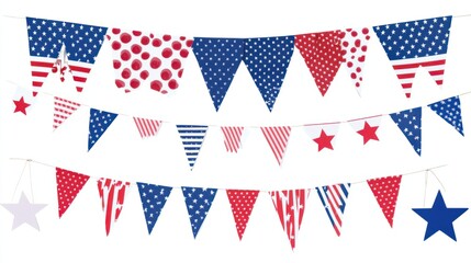 Fototapeta premium Assorted 4th of July table decorations including flags and star cutouts isolated on white