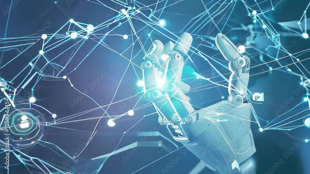Wall mural a a futuristic robotic hand emerging from a complex digital network. glowing nodes symbolize connect
