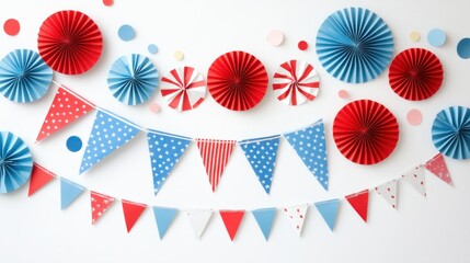 Obraz premium Assorted paper fans and flags in red, white, and blue for 4th of July on white background