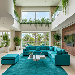 Fototapeta premium grand and luxurious living room with a double-height ceiling. The room is filled with natural light from large windows overlooking a lush green landscape.