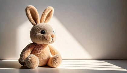 Obraz premium Bunny in the Sun: A plush bunny toy sits in a beam of sunlight, bathed in warm light, casting a soft shadow. This image evokes a sense of comfort, innocence, and childhood nostalgia. 