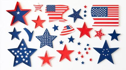 Obraz premium Assortment of star and flag cutouts for 4th of July on clean white background