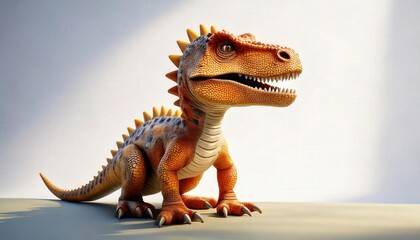 Fototapeta premium Adorable Cartoon Dinosaur: A charming, orange and brown cartoon dinosaur sits against a subtly lit background. This 3D-rendered image is perfect for children's books, educational materials.