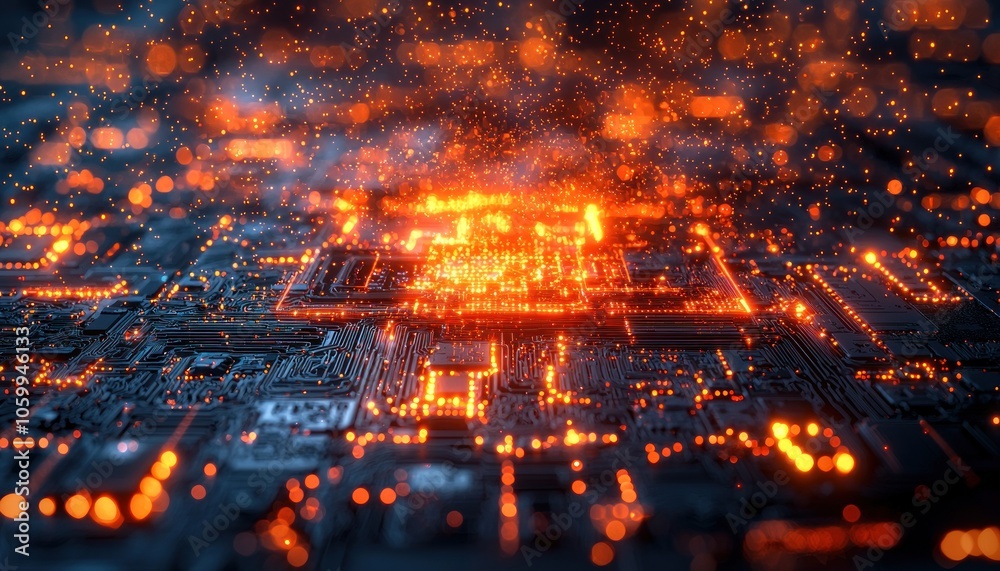 Poster Illuminated Circuit Board with Orange Lights and Bokeh
