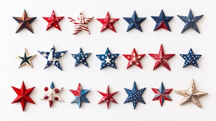 Fototapeta premium Collection of patriotic stars and flags for 4th of July on a white background