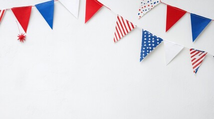 Festive red, white, and blue bunting flags for Independence Day on white background