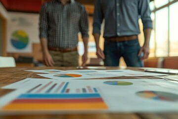 Obraz premium Business people analyzing financial charts and graphs on wooden table