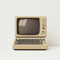 Vintage computer unit with keyboard and CRT monitor on a plain background.