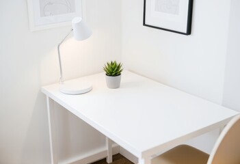 Fototapeta premium Minimalist home office setup with a sleek white desk modern lamp
