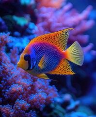 Obraz premium Colorful tropical fish swimming near coral reef in aquarium