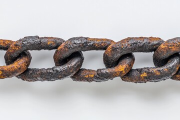 Fototapeta premium Rusty chain lying on white background representing strength and decay